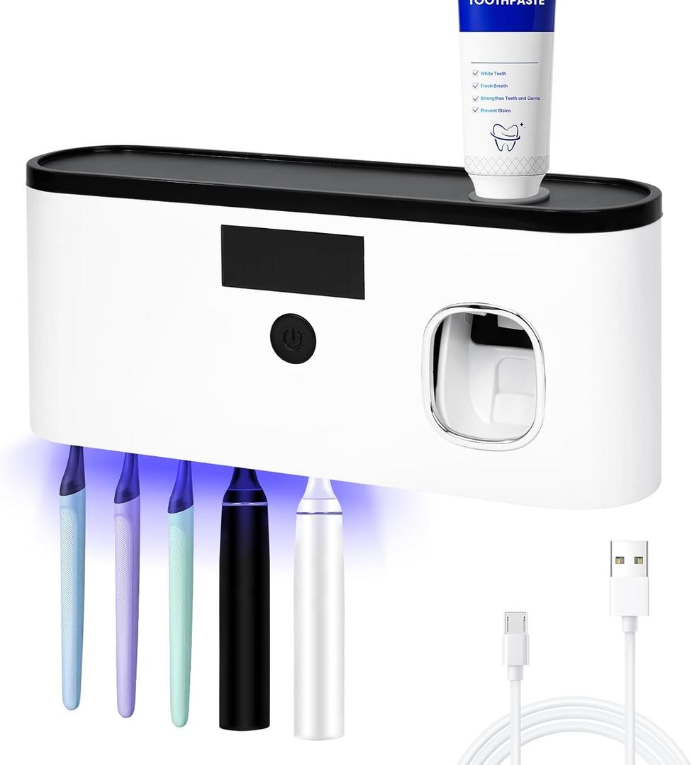 Punch-Free Wall Mounted Bathroom Toothbrush Holder, 5 Toothbrush Slots, Bathroom Toothbrush Sterilizer with Toothpaste Dispenser USB Charging Toothbrush Holder (White)