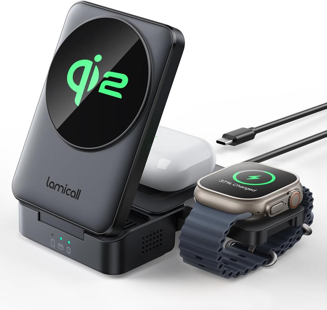 Lamicall Qi2 Certified Foldable 3 in 1 Wireless Charging Station  [15W Fast Charge & Upgraded Cooling] Compact Travel Magnetic Charger Stand for iPhone 17e 17 16 15 14 13, AirPods Pro, Apple Watch