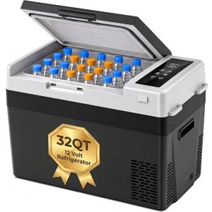 Marsail 12 Volt Refrigerator, 32QT Car Fridge Portable Freezer -4°F to 68°F, Fast Cooling & ECO Mode, 12/24V DC 110-240V AC Electric Cooler for Camping, Travel, RV, Truck, Home
