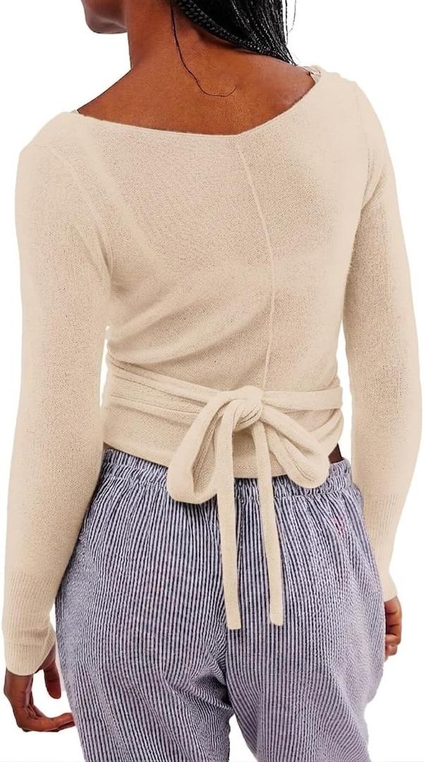 Women Wool Tie Front Tops Crop Top Solid Long Sleeve Solid V Neck Lightweight Crochet Cardigan Crop, Medium 