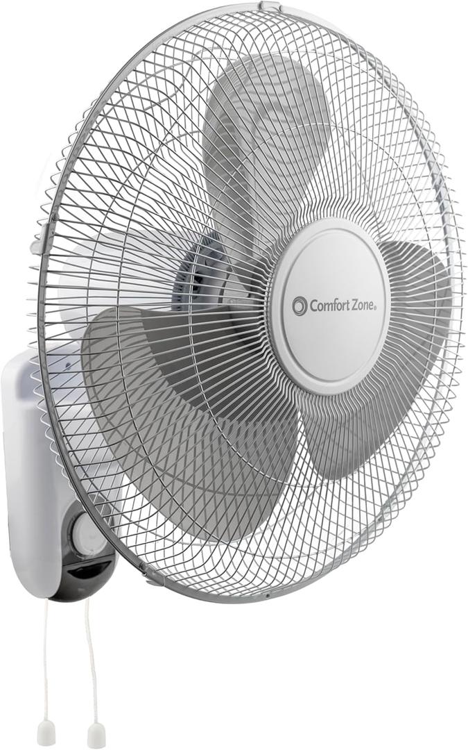 Comfort Zone 16-Inch Wall Mount Fan, Oscillating Indoor Fan with 3 Speed Settings, Adjustable 60 Tilt Head, Quiet Motor, Pull-Chain Control, Metal Grille Fan for Home, Office & Greenhouse
