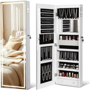 LED Mirror Jewelry Cabinet with Bluetooth Speaker ，Door/Wall Mounted,Equipped with Three Color Light Strips,Full-Length Illuminated Mirror,Jewelry Storage Function