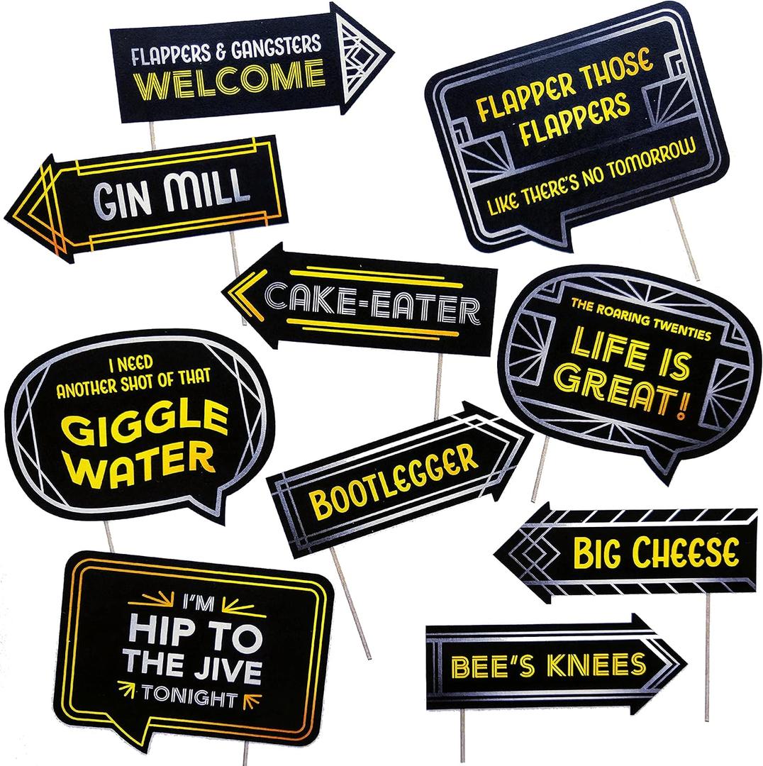 Roaring 20s Photo Booth Props - 1920's Twenties Great Gatsby Themed Party Decorations - Funny Photography Supplies - Selfie Props with Sticks - 10pcs