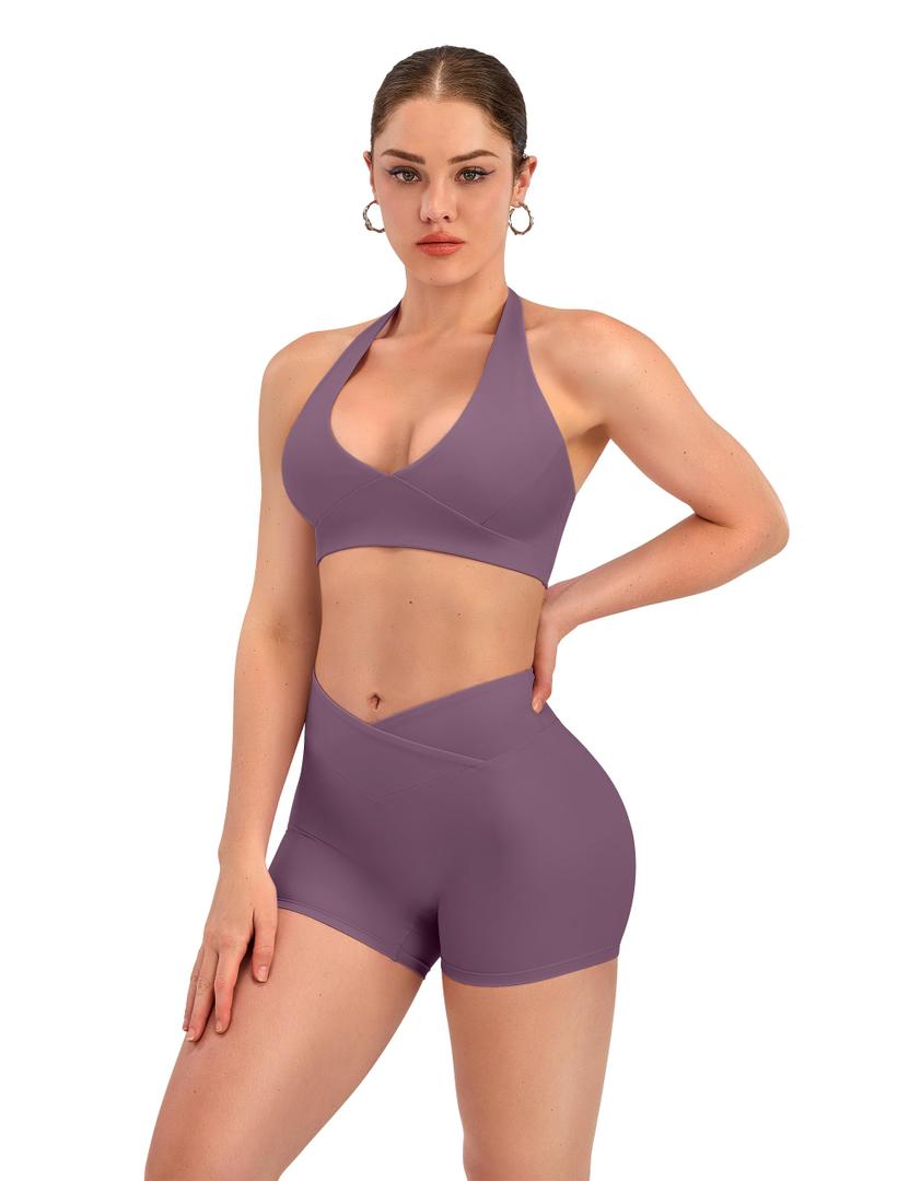 TDIFFUN Women Workout Sets 2 Piece V Neck Halter Sports Bra High Waisted Crossover Booty Gym Shorts Yoga Outfits Small