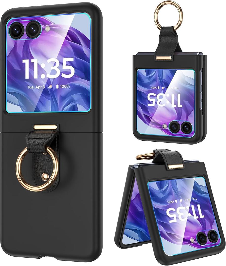 Caka for Motorola Razr 2024/2025 Case [NOT for Plus or Ultra], with Finger Ring Holder & Built-in Screen Protector, Slim Thin Shockproof Protective Phone Cover for Moto Razr 2024 & 2025 - Black