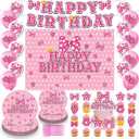Pink Mouse Birthday Party Decorations, Serves 16 Guests Mouse Theme Party Set, Include Disposable Tableware Set, Balloons, Backdrop, Cake Topper, Paper Plates and More Party Supplies for Girls