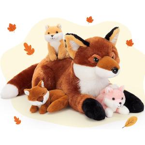 4Pcs Fox Stuffed Animal Set, Large Mommy Red Fox Plush 22 Inch with 3 Baby Foxes in Her Zippered Tummy, Christmas Plushie Toy Gift for Girls and Kids