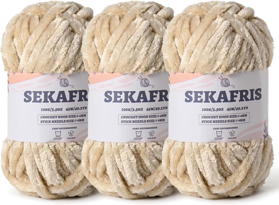 Fuzzy Chunky Chenille Yarn for Crocheting，Soft Plush Yarns for Hand Knitting，Bulky 3x100g（3x49.2 yd） Baby Blanket Yarn for Crocheting Amigurumi，Crochet Fluffy Velvet Yarns (3 Beige)