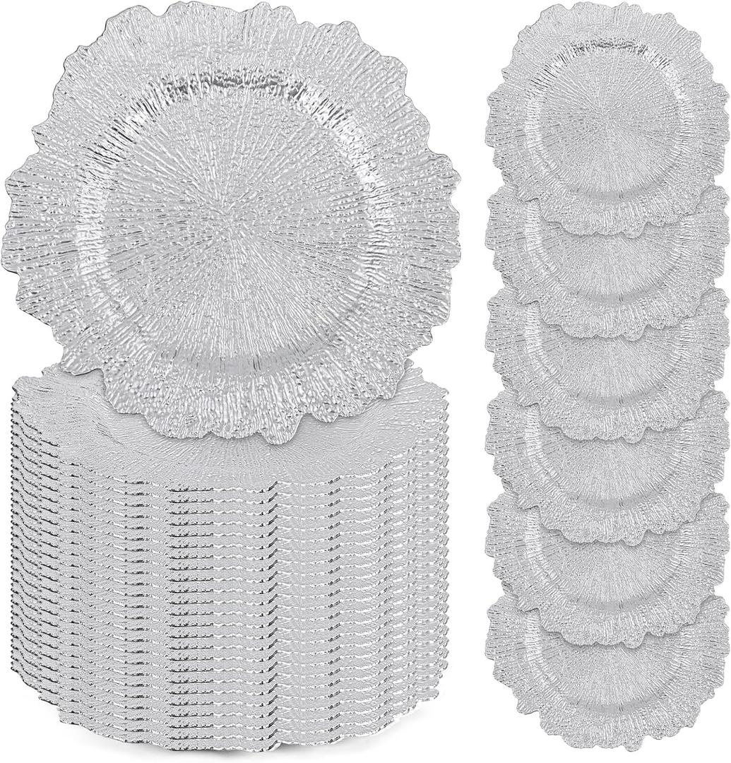 XLEUDTER 10 Pack Silver Charger Plates, Reef Plate Chargers for Dinner Plate, 13'' Round Plastic Table Chargers for Wedding, Party, Event, Dinner, Table Setting, Tabletop Decor