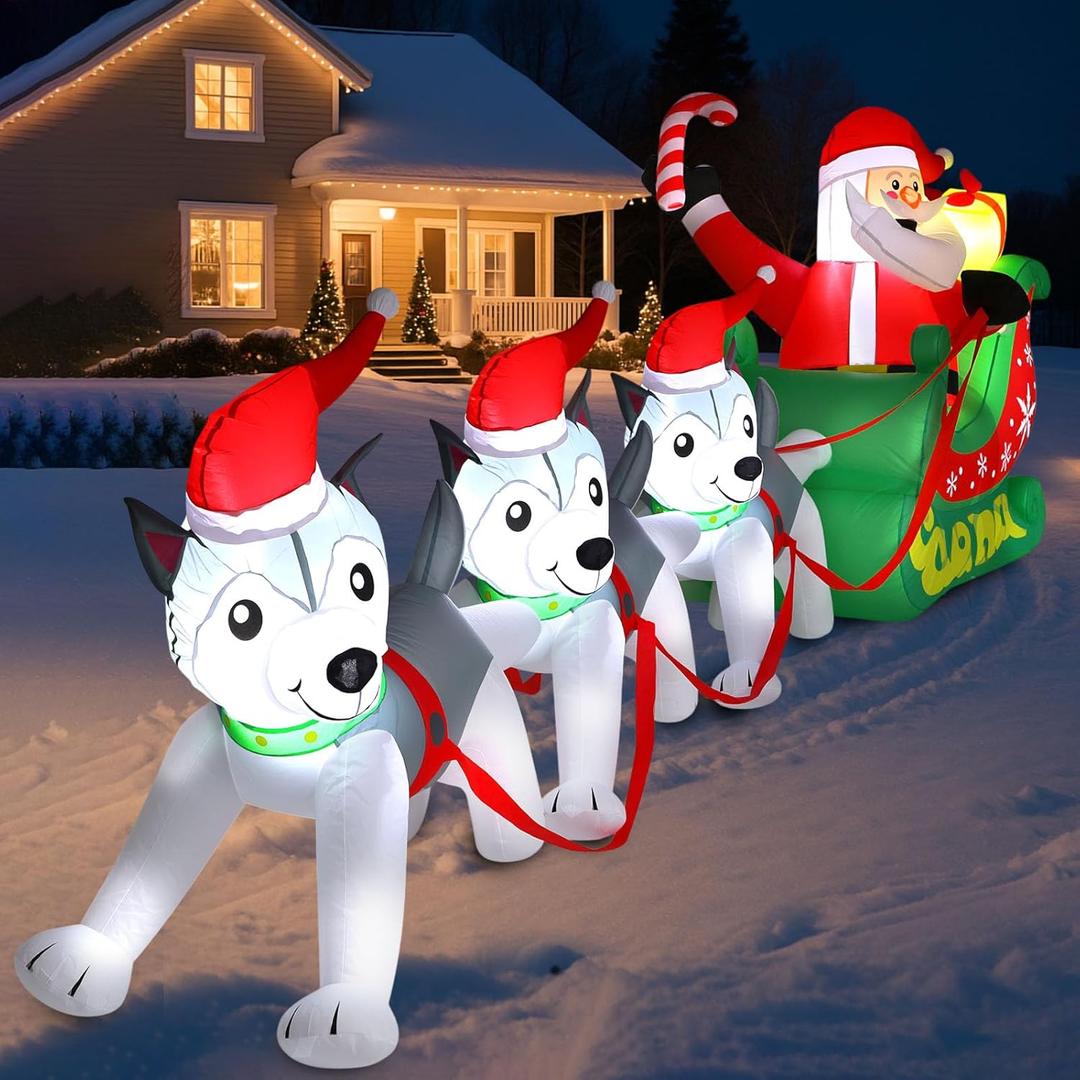 Capoda 12 FT Santa Sleigh Inflatable Decorations Outdoor, Giant Christmas Santa Claus on Sleigh with 3 Dogs Blow up Decor with Built-in LED Lights for 2026 Holiday Yard Lawn Garden Decoration