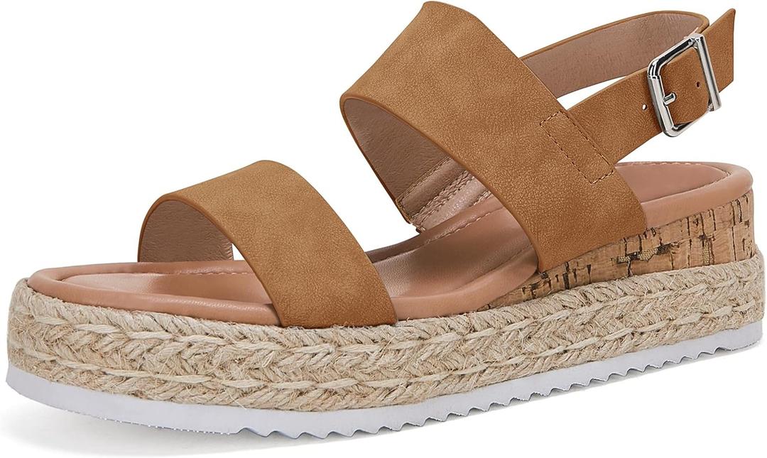 LAICIGO Womens Open Toe Wedge Platform Espadrilles Ankle Strap Buckle Faux Leather Cork Rubber Summer Sandals (6.5, 1-brown)