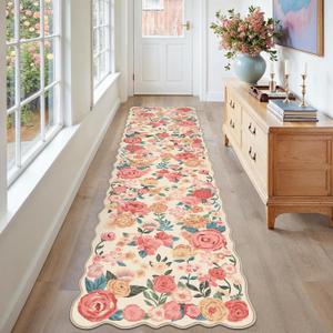 PureCozy Washable Floral Runner Rug 2x8 Beige Hallway Carpet Scalloped Flower Non Slip Soft Long Kitchen Runner Farmhouse Low Pile Thin Indoor Floor Cover for Bathroom Bedroom Laundry Room Entryway