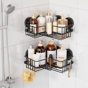 TAILI Corner-adaptive Suction Cup Shower Caddy 2 Pack, Stainless Steel Rustproof Corner Shower Shelves, Drill-Free Wall Mounted Baskets, Large Capacity, Removable Suction Cup Bathroom Organizer, Black