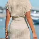 CUPSHE Women Crochet Swim Cover Up Short Sleeve V Neck Bathing Suit Beach Dress Summer Swimwear Coverups (Beige, M)