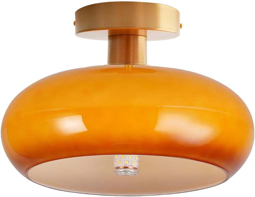 Orange Glass Flush Mount Ceiling Light Modern Close to Ceiling Light Fixtures with 11" Milk Glass Shade Dome Flush Mount Lamp Gold Brass Ceiling Lamp for Hallway Bedroom Kitchen Sink