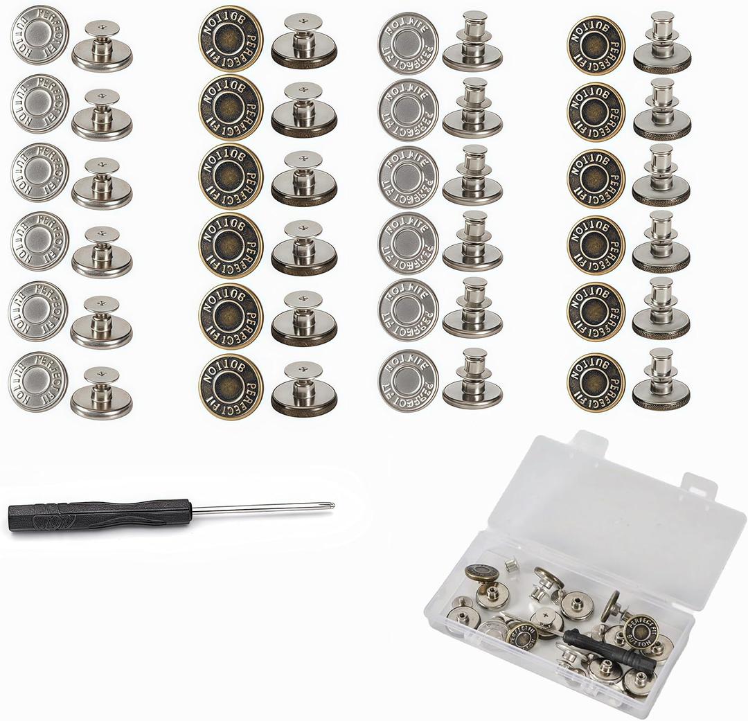 2 x 24 Sets Jean Button for Sewing Metal Jeans Denim,12 Sets Pin Buttons &12 Sets No-Sew Nailess Buttons with Screwdrivers,17mm