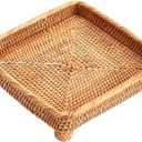 i-lan 9" Square Rattan Decorative Riser for Display,Small Items Serving Basket Vanity Tray - Square Woven Bread, Fruit, Keys Bowl Pedestal Stand,Flat Wicker Decorative Snack Trays for Candy Dish