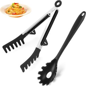 Upgraded Silicone Spaghetti Spoon and Pasta Tong Set  Sturdy Pasta Fork with Teeth, Noodle Spoon Server, and Multi-Purpose Tongs for Cooking and Serving
