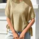 Saodimallsu Womens Summer Crochet Sweaters Batwing Cap Sleeve Cable Knit Crewneck Side Tie Casual Pullover Tops (Large, Khaki)