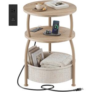 Round Side Table with Charging Station, USB Type C Port, Oak | End Table with Power Outlet,15.75 in Small Round Table with Basket, Space Saving, 3-Tier Small Table for Bedside, Sofa, 15.75" Dia with Power Strip