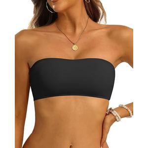 Aqua Eve Women Strapless Bikini Top Only Bandeau Swim Top Tube Top Swimsuit, Black, S