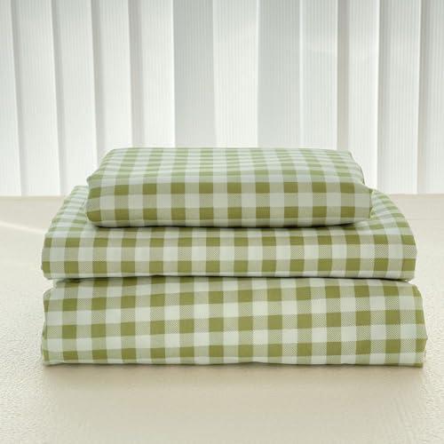 NSNLGSGC Sage Green Gingham Full Sheet Set, Soft Brushed Microfiber Plaid Full Bed Sheets, 4-Pieces Grid Sheet Set with Deep Pocket