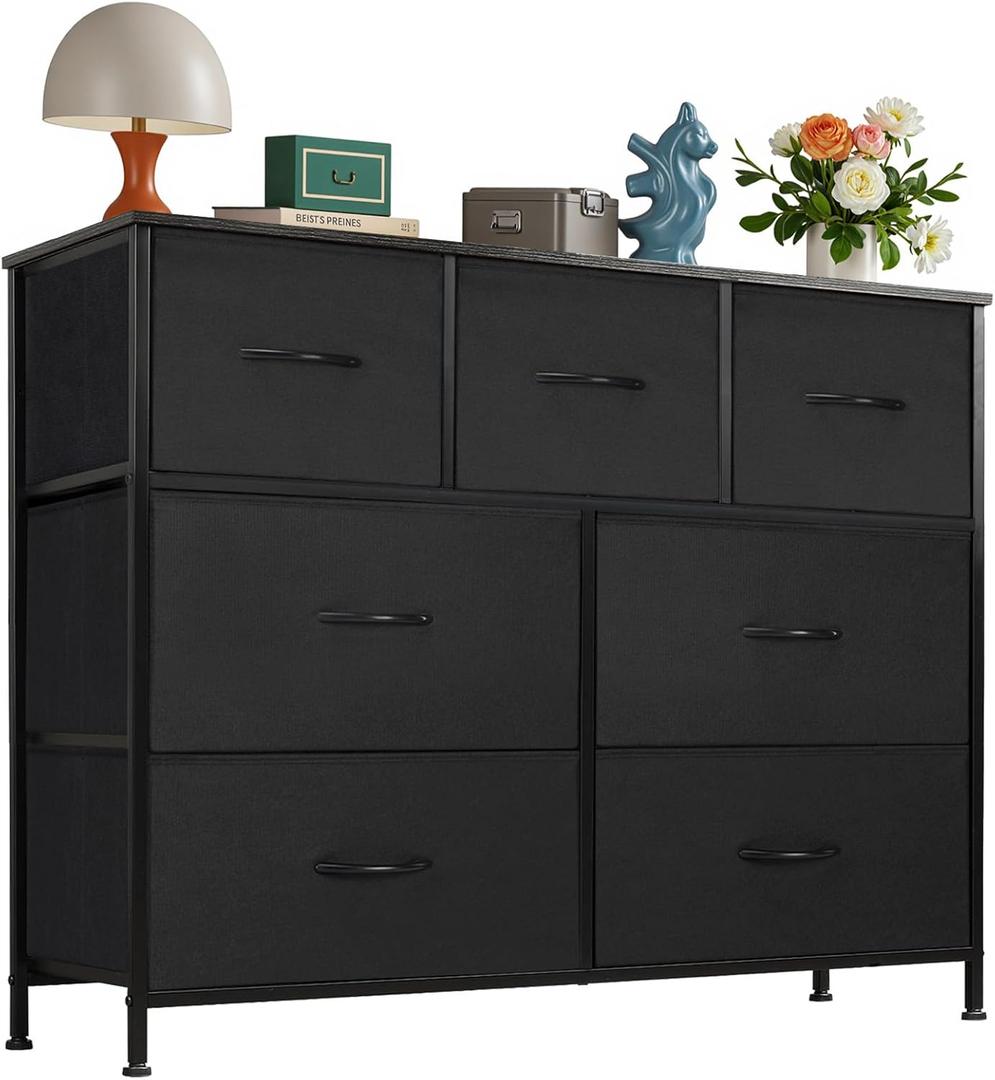 OLIXIS 7 Drawers Dresser for Bedroom, Fabric Storage Tower for Living Room, Entryway - Sturdy Steel Frame, Wooden Top & Easy Pull Fabric Bins, Closet Chests Organizer for Clothes, Black