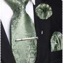 JEMYGINS Mens Floral Tie and Lapel Pin Necktie Pocket Square and Tie Clip with Sets for Business Casual 4PCS (Green)