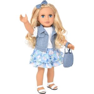 Gift Boutique 18 Inch Girl Doll, Fashion Doll with Fine Blond Long Hair, Blue Eyes, Floral Outfit, Denim Jacket, Sandals, Boots, Hair Bow, Handbag