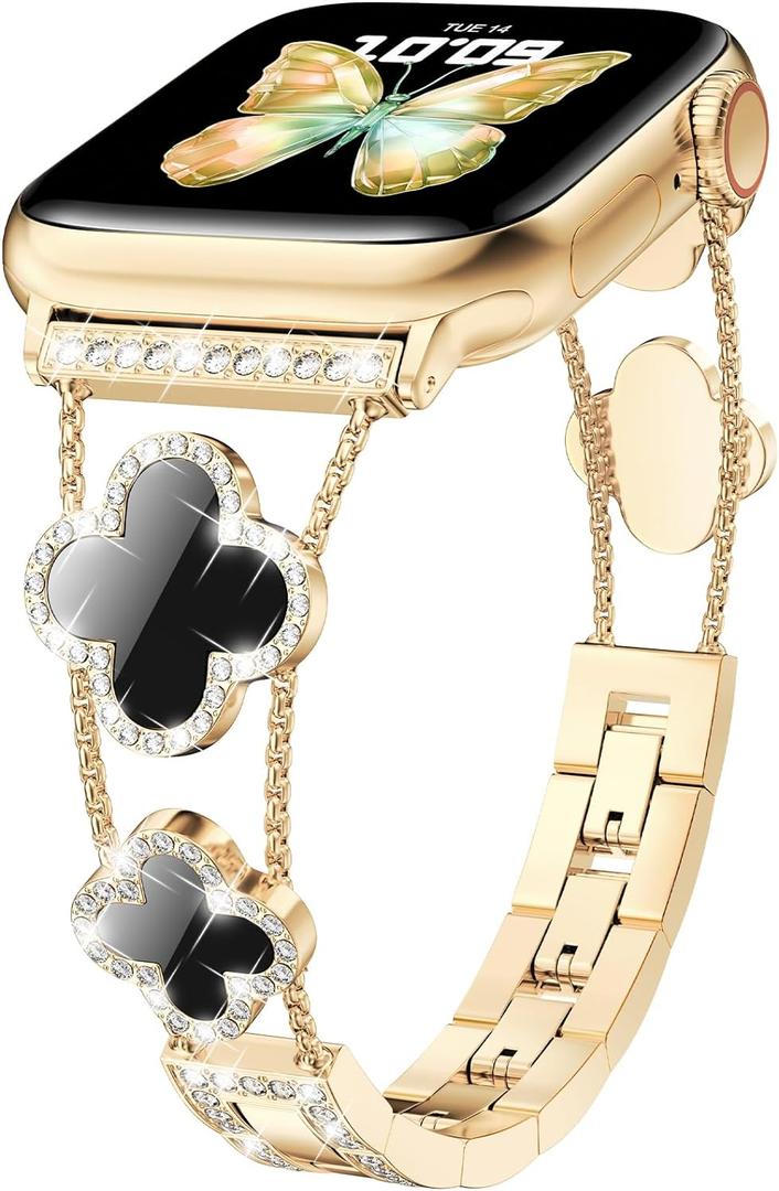 Bling Diamond Band Compatible with Apple Watch Bands for Women 42mm 44mm 45mm 46mm Series 11 10 9 8 7 6 5 4 SE 3 2 1, Sparkle Metal Bracelet Wristband, Cute Lucky Clover Dressy iWatch Band,Gold/Black