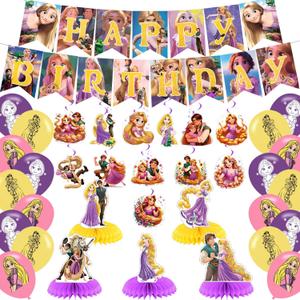 Long Hair Princess Birthday Party Decorations,Princess Party Supply Set for Kids with Happy Birthday Banner, Swirls,Centerpieces,18Balloons for Cartoon Girls Party Decorations
