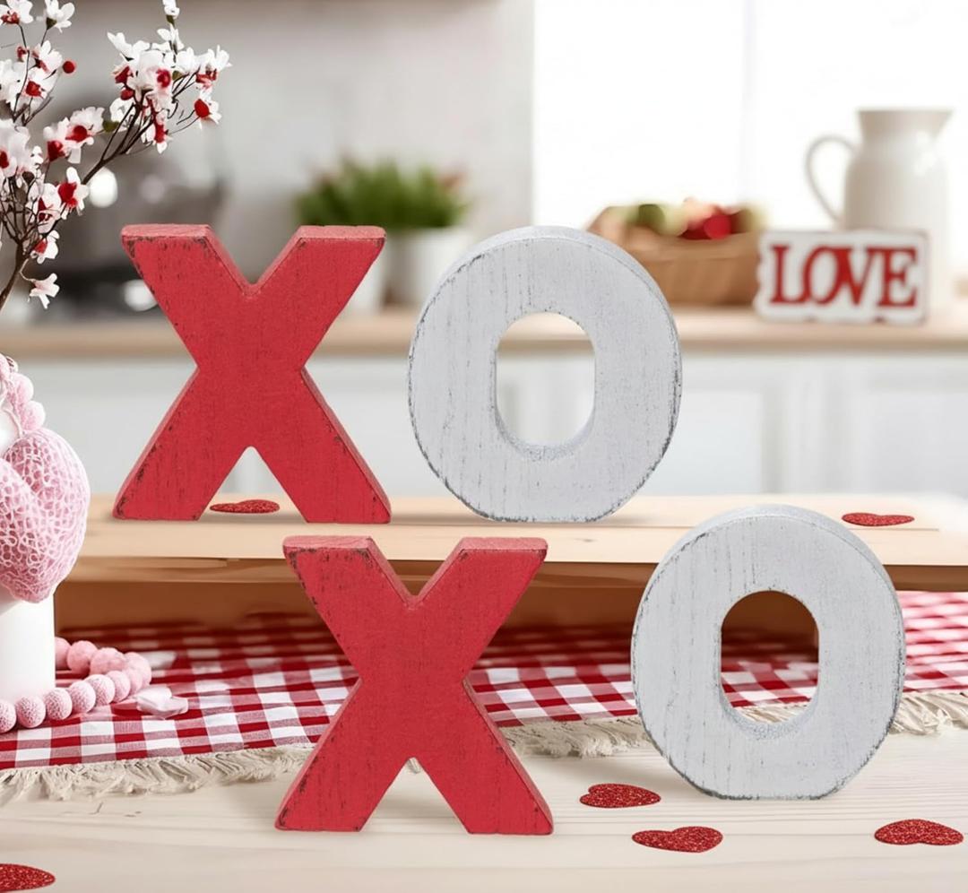 XOXO Valentines Day Decor Wooden XOXO Tabletop Sign Red and White Valentines Tiered Tray Decorations for Home Table Shelf Mantel Fireplace Wedding Party (Red)
