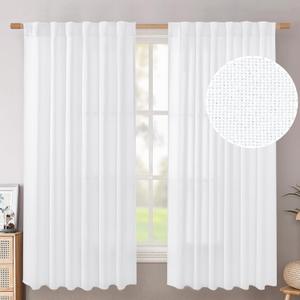 BGment White Linen Curtains 63 Inch Length 2 Panels - Rod Pocket Semi Sheer Drapes Light Filtering Textured Window Treatments for Living Room Bedroom Office Back Tab, 52 X 63 Inch