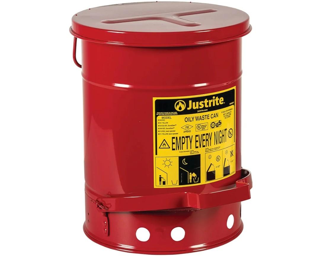 Justrite 6 Gallon Galvanized Steel Oily Waste Can, 16" x 12" Metal Oil Rag Safety Can With Foot Operated Self-Closing Lid for Oil Rag Disposal, Made in the USA, Red, 09100