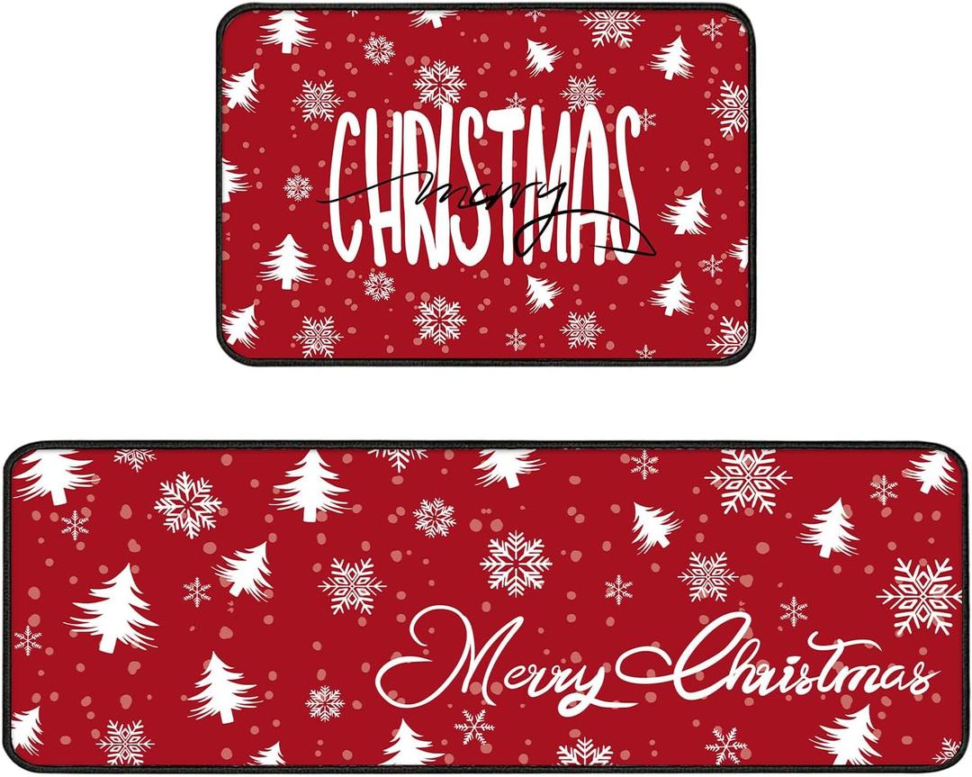 Christmas Kitchen Rugs Set of 2, Christmas Kitchen Mats Non-Slip, Winter Runner Rug and Decor Doormat for Home, Red Rug with Xmas Trees Snowflake Christmas Decor, 16"x24" and 16"x47"