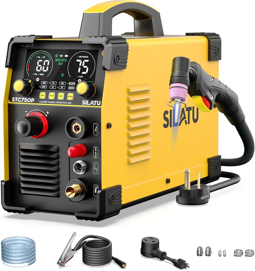 SILATU 75Amps Plasma Cutter, Large LED Display, Non-Touch Pilot Arc, Air Sensor Technology, 110/220V Dual Voltage IGBT Inverter Plasma Cutter Machine, 1'' Max Cutting Thickness for Beginners DIY