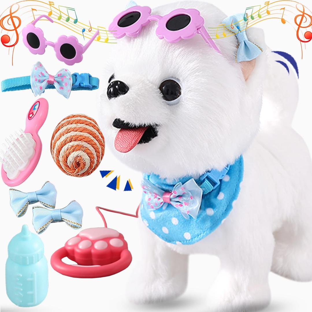 Ylpaprm Samoyed Walking Dog Barking Toy Dog for Kid Girl Dog ToyToddler Interactive DogThat Walk Licking Doggy Puppy with Leash, Electric Talking Singing Tail Wag Plush Pretend Dress Up Birthday Gift 
