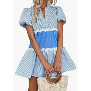 chouyatou Women's Summer V-Neck Striped Tunic Dress Tiered Lace Patchwork Beach Mini Cute Babydoll Dress S