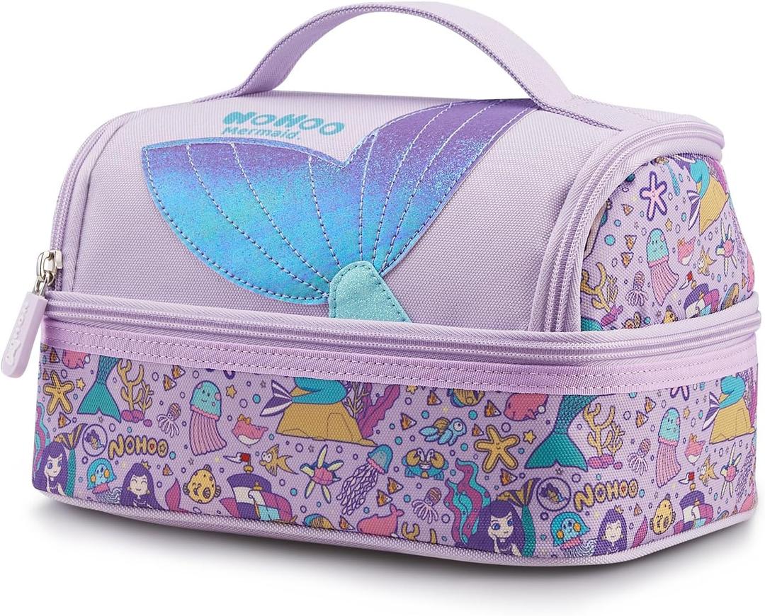 NOHOO Kids Insulated Lunch Bag Small Cute Reusable Purple Mermaid Princess Food Box Bag for Girls Toddler Preppy School Kindergarten Daycare Use