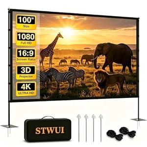 STWUI Projector Screen with Stand - 100 Inch Outdoor Projector Screen Portable Projector Screens 16:9 4K HD Outdoor Movie Screen with Carry Bag Can Enioy Home Theater Projection Screen