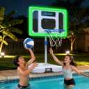 Solar Pool Basketball Hoop Poolside, 4.1-4.8Ft Adjustable Height, 32" Backboard Pool Basketball Goal with Bright Colorful LED Light, Rust-Proof Poolside Basketball with 2 Ball & Pump for Inground Pool, 27x31x58 Inch