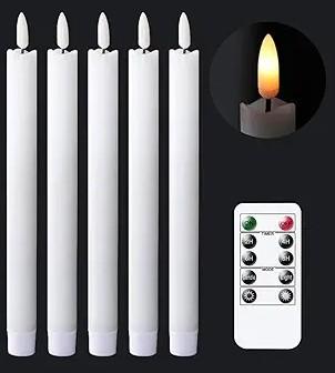 GenSwin Flameless White Taper Candles Flickering with 10-Key Remote, Battery Operated Led Warm 3D Wick Light Window Candles Real Wax Pack of 5, Christmas Home Wedding Decor(0.78 X 9.64 Inch), 5 Pack