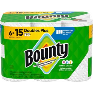 Bounty Paper Towels Select-A-Size, White, 6 Double Plus Rolls = 15 Regular Rolls