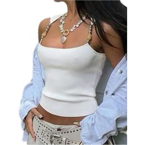SHENHE Women's Y2K Beaded Tops Chain Scoop Neck Sleeveless Fitted Tank Sexy Going Out Tops (Large, White)