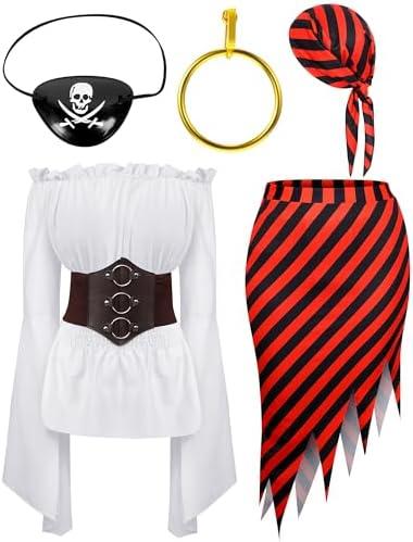 Silicherry Women Pirate Costume Set - Renaissance Adult Costume With Head Scarf Hat for Carnival Mardi Gras Cosplay L