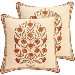 Design Linen Square Vintage Throw Pillow Covers 18"x18" Pack of 2, Brick Red Cushion Covers with Orange Floral Green Leaves Pattern Decoration Pillowcases for Bed,Living Room,Outdoor,Car