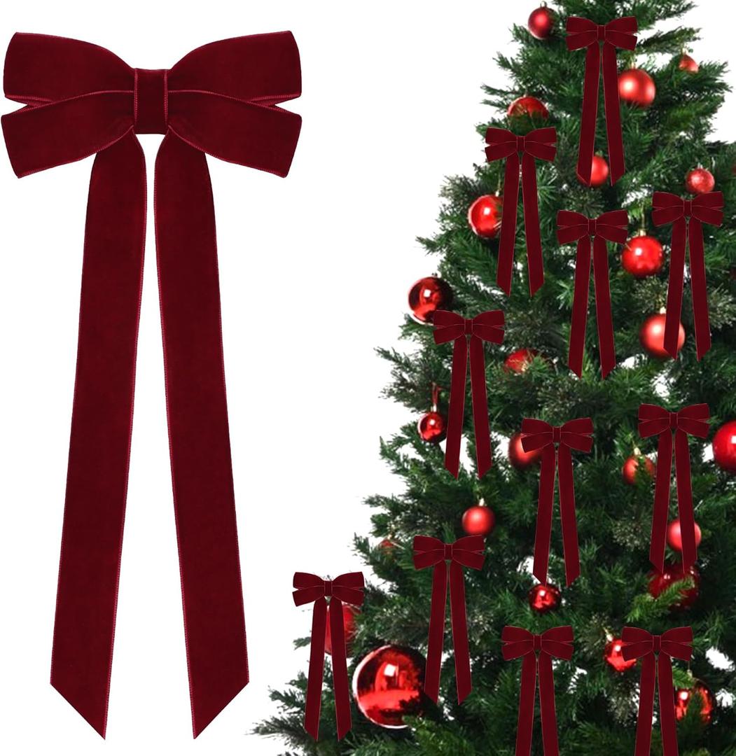 12Pcs Burgundy Velvet Ribbon Bows Christmas Tree Decorations,5in x 10in Xmas Ornaments for Tree Home Party Front Door Wreath Garland Holiday Decor