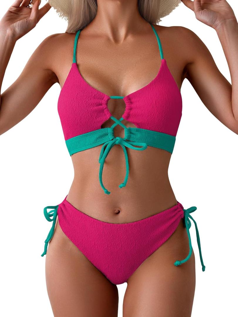 B2prity Women's Sexy Bikini Set Color Block Lace Up 2 Piece Bathing Suit Tie Side Swimsuit (Large)