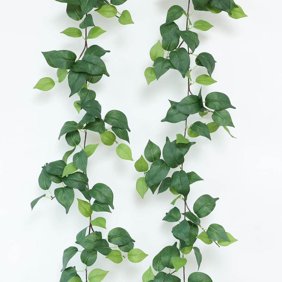 mizii 2 Strands Artificial Scindaps Vines Garland 73" Fake Vine with Silk Green Leaves Faux Evergreen Hanging Plants Greenery Decoration for Party Wedding Bedroom Home Wall Room Decor (Scindapsus)