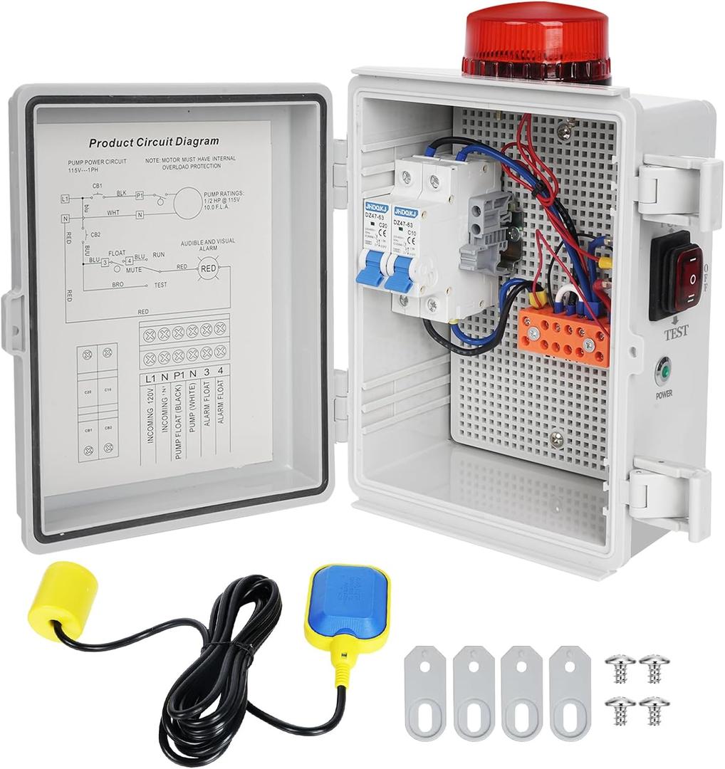 Septic Pump Alarm High Water Sump Pump Alarm 110DB Pump Control Panel with Float Switch, Bright Flashing Light, IP67 Waterproof Casing, Compatible with Submersible Pump